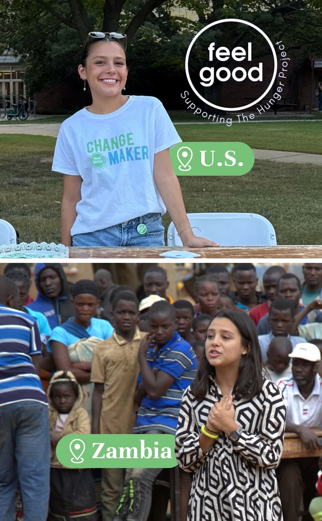From-Campus-to-Community-FeelGood-Student-Hunger-Project-US-Zambia Feel Good student changemaker at University of Oklahoma campus table and speaking with community members in Zambia supporting The Hunger Project.