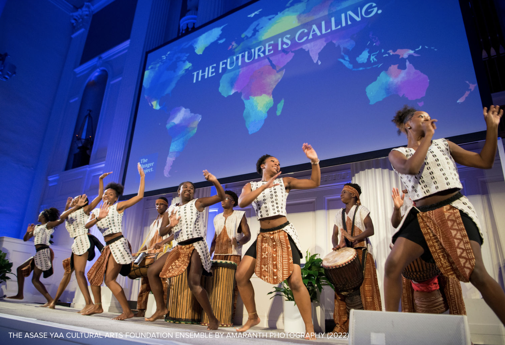 The Asase Yaa Cultural Arts Ensemble performing at The Hunger Project's 2022 Fall Event Speakers. Photo by AMARANTH PHOTOGRAPHY