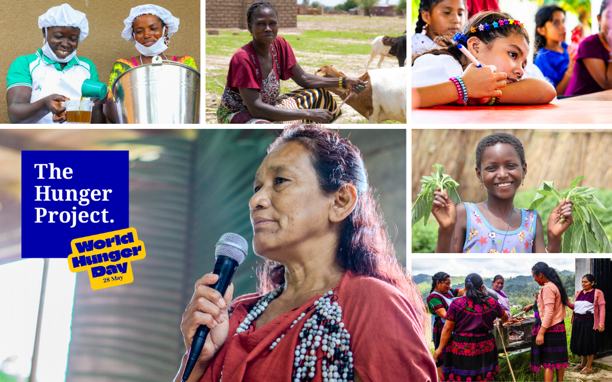 Collage of women, children, and communities benefiting from World Hunger Day 2026 donations through farming, education, and leadership programs.
